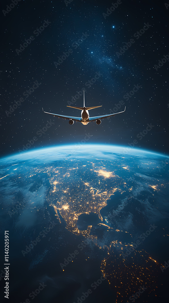 Naklejka premium In the sky, an airplane is flying over the earth.