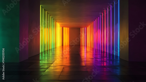  Sci Fy neon multicolored glowing rays in a dark hall. Reflections on the floor and walls. Empty background in the center. 3d rendering image. Techology futuristic background.