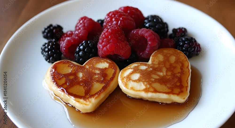 A plate of heart shaped pancakes decorated with honey and fresh berries. An idea for expressing love through food on Valentine's Day. Creating a romantic atmosphere to celebrate Valentine's Day. A plate of heart shaped pancakes decorated with honey and fresh berries. An idea for expressing love through food on Valentine's Day. Creating a romantic atmosphere to celebrate Valentine's Day.