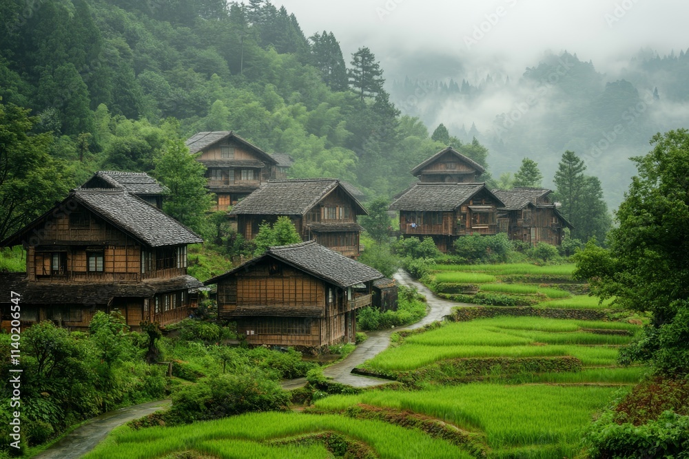 Misty mountain village with traditional wooden houses and rice terraces. Misty mountain village with traditional wooden houses and rice terraces.