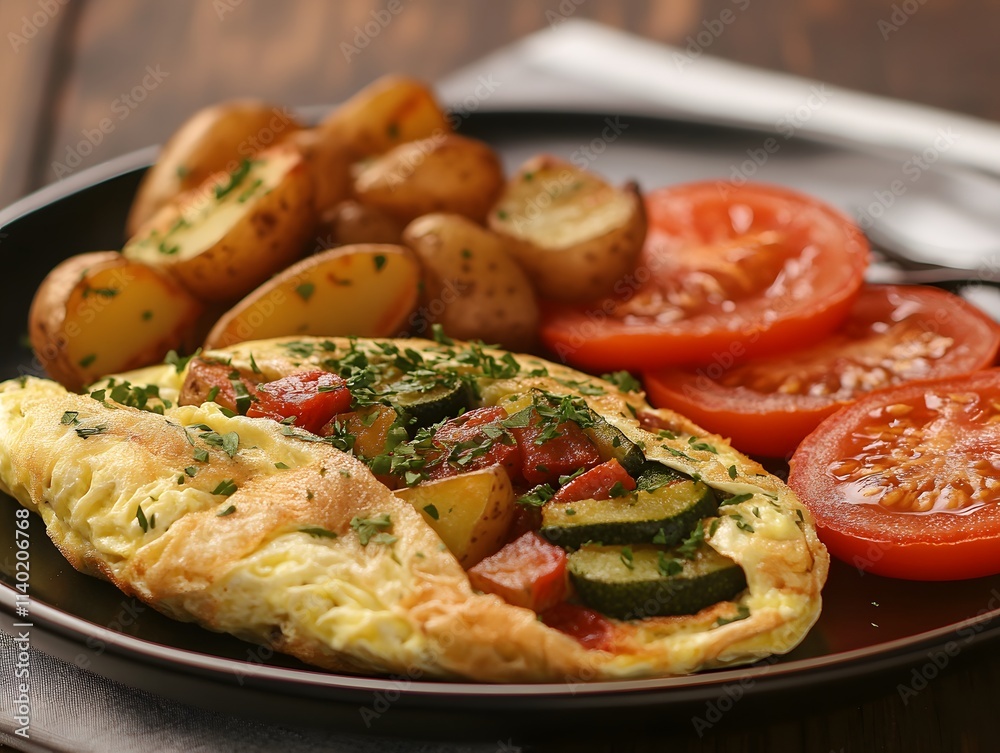 A delicious omelette with vegetables, served with roasted potatoes and fresh tomato slices. A delicious omelette with vegetables, served with roasted potatoes and fresh tomato slices.