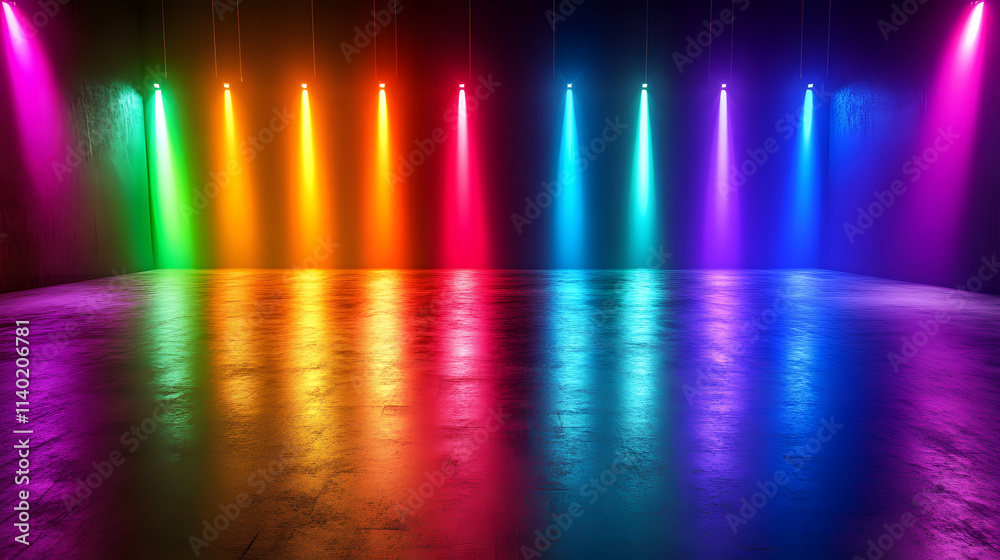 Sci Fy neon multicolored glowing rays in a dark hall. Reflections on the floor and walls. Empty background in the center. 3d rendering image. Techology futuristic background.
Sci Fy neon multicolored glowing rays in a dark hall. Reflections on the floor and walls. Empty background in the center. 3d rendering image. Techology futuristic background.