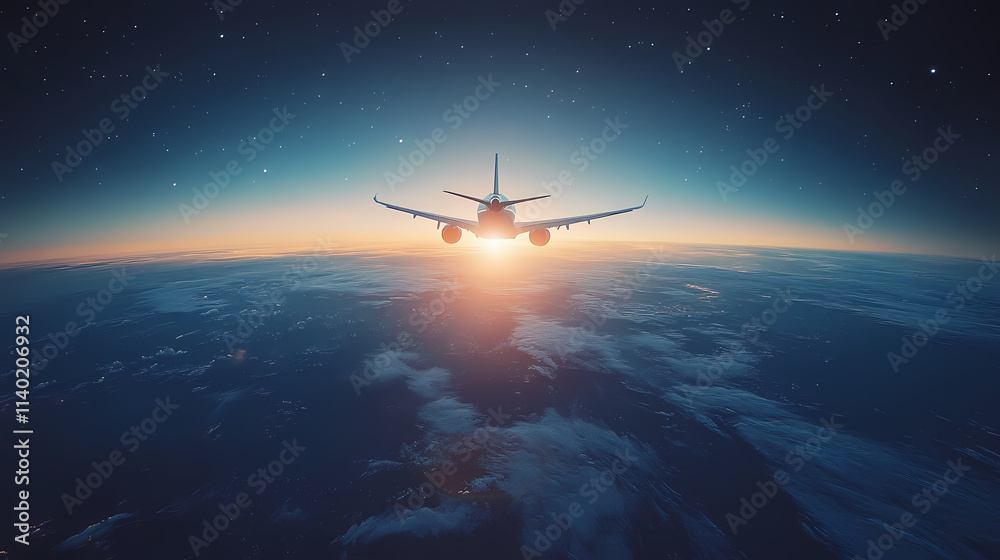 Naklejka premium In the sky, an airplane is flying over the earth.