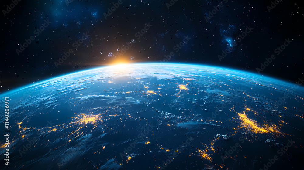 Obraz premium In the sky, an airplane is flying over the earth.