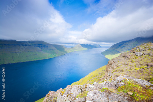 View of Kunoy and Kalsoy islands from vantage point Klakkur in the Faroe Islands photo