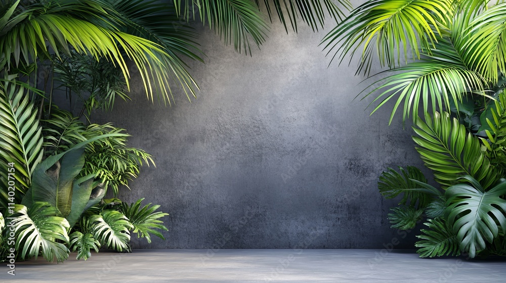 Obraz premium Minimalist Luxury Interior Featuring a Blank Concrete Wall and Tropical Garden. Modern Room with Green Palm Trees and Sophisticated Architectural Design for a Natural and Elegant Living Space