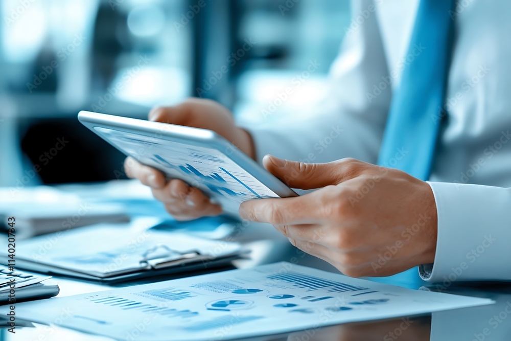 Obraz premium Closeup of businessperson working with tablet displaying financial reports 