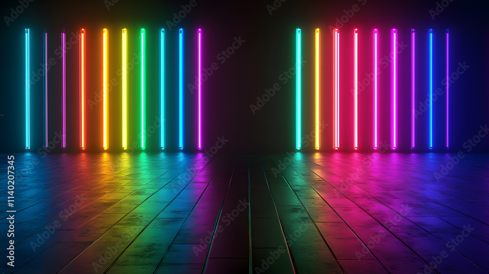 Sci Fy neon multicolored glowing rays in a dark hall. Reflections on the floor and walls. Empty background in the center. 3d rendering image. Techology futuristic background.
Sci Fy neon multicolored glowing rays in a dark hall. Reflections on the floor and walls. Empty background in the center. 3d rendering image. Techology futuristic background.