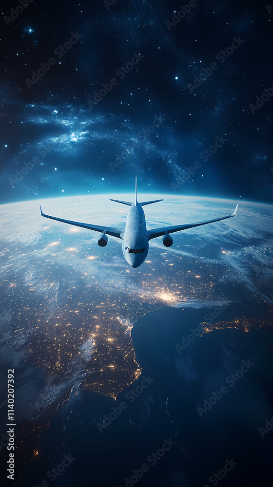 Naklejka premium In the sky, an airplane is flying over the earth.