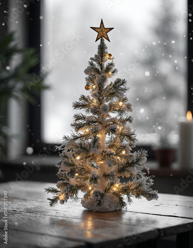 Christmas tree decorated with toys and star.