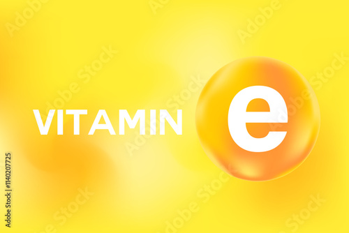 Vitamin E glowing 3D molecule element or bubble, yellow watercolor background. Rich fluid orange color flowing bubbles, supplement products banner, presentation, infographic design