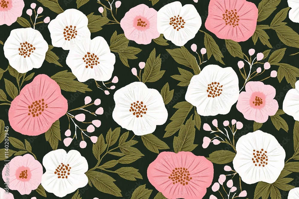 Beautiful Floral Pattern with Pink and White Flowers on Dark Green Background Beautiful Floral Pattern with Pink and White Flowers on Dark Green Background