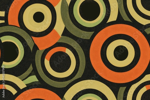 A vibrant pattern featuring concentric circles in orange, green, and black, creating a striking retro design ideal for textile or graphic use.