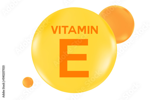 Vitamin E glowing 3D icon, molecule element or bubble isolated, transparent background. Fluid orange, yellow color flowing bubbles, supplement skin products banner, presentation, infographic design