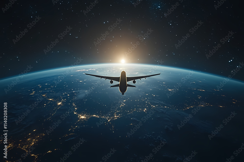 Naklejka premium In the sky, an airplane is flying over the earth.