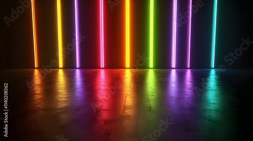  Sci Fy neon multicolored glowing rays in a dark hall. Reflections on the floor and walls. Empty background in the center. 3d rendering image. Techology futuristic background.