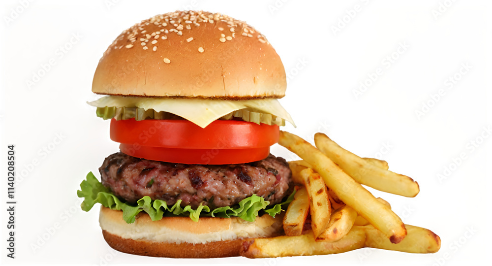 Delicious Burger and Crispy French Fries Isolated on White Background