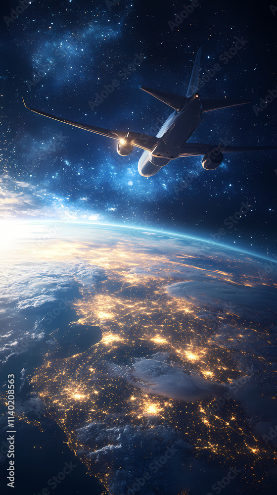 Naklejka premium In the sky, an airplane is flying over the earth.