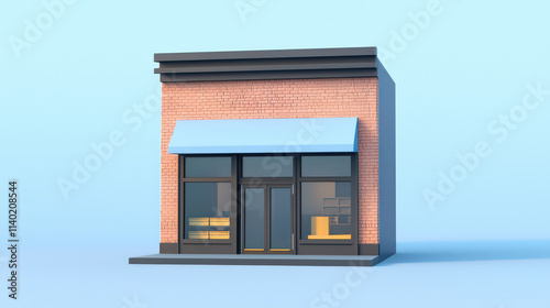 A simple, modern storefront with large windows and a blue awning.