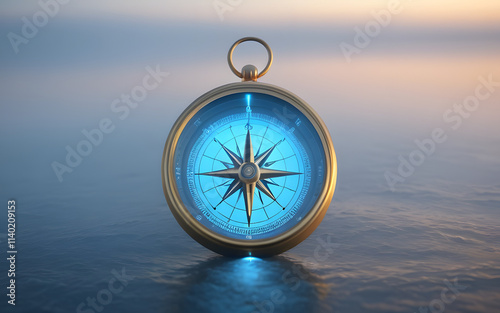 A glowing compass, surrounded by soft blue and gold light, floating against a misty horizon