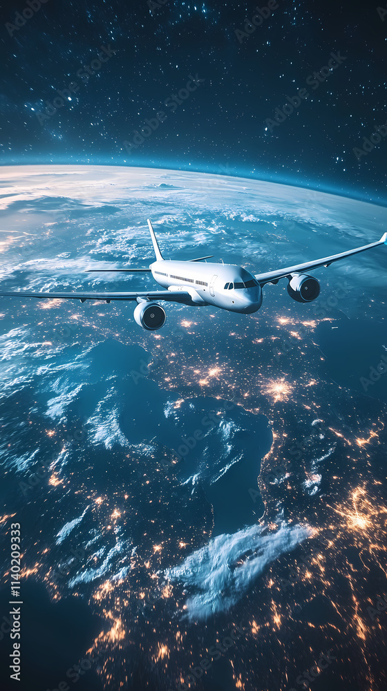 Obraz premium In the sky, an airplane is flying over the earth.