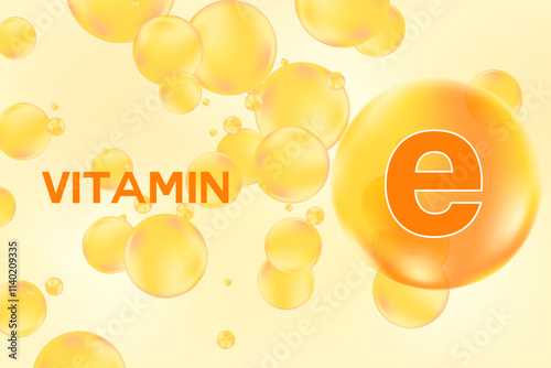 Vitamin E glowing 3D molecule element or bubble, yellow watercolor background. Rich fluid orange color flowing bubbles, supplement products banner, presentation, infographic design