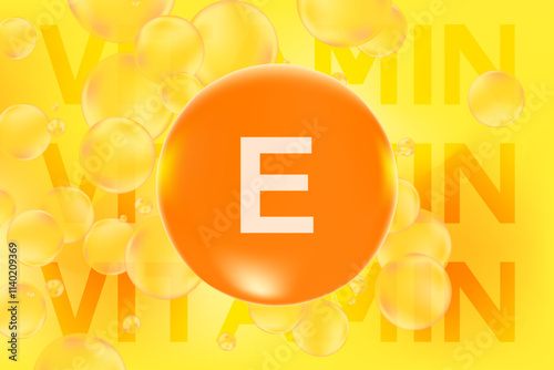 Vitamin E glowing 3D molecule element or bubble, yellow watercolor background. Rich fluid orange color flowing bubbles, supplement products banner, presentation, infographic design