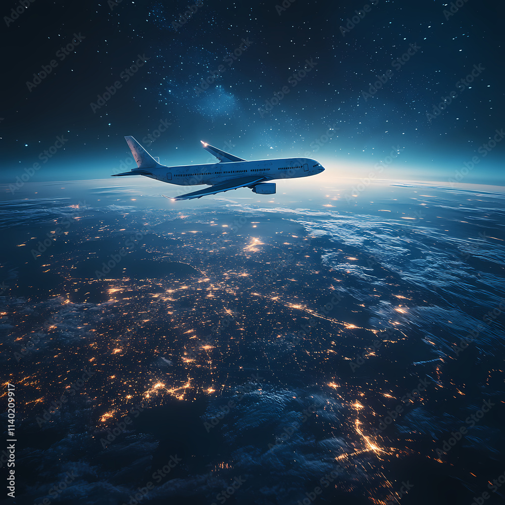 In the sky, an airplane is flying over the earth.