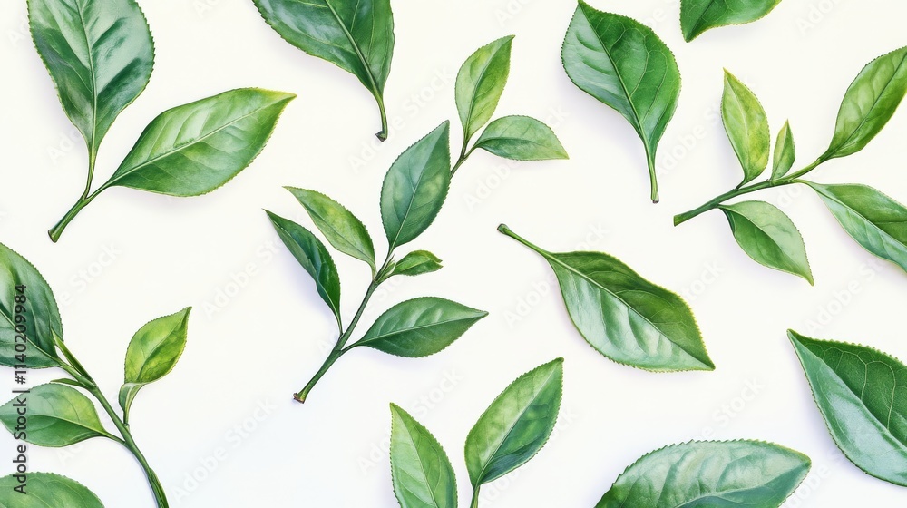 13.Close-up of multiple green tea leaves isolated on a transparent white background, showing delicate veins and varying shades of green; well-defined edges with soft shadows to emphasize a natural 13.Close-up of multiple green tea leaves isolated on a transparent white background, showing delicate veins and varying shades of green; well-defined edges with soft shadows to emphasize a natural