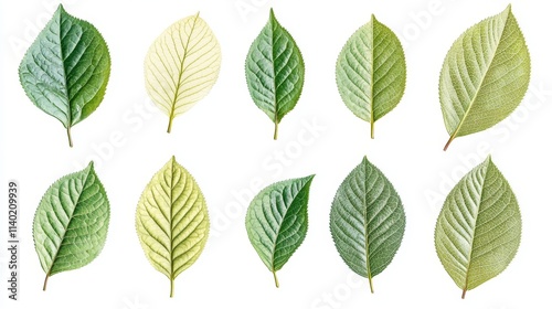 13.Close-up of multiple green tea leaves isolated on a transparent white background, showing delicate veins and varying shades of green; well-defined edges with soft shadows to emphasize a natural