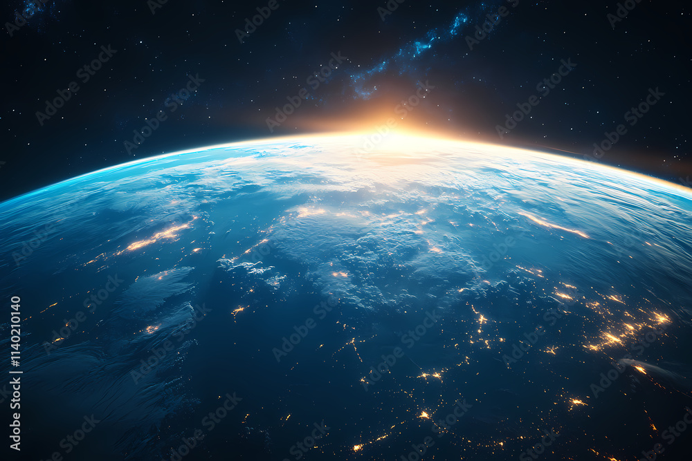 Obraz premium In the sky, an airplane is flying over the earth.