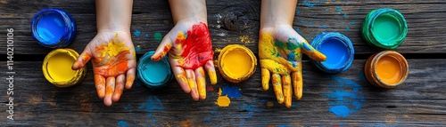 Children s hands splattered with colorful paint on a wooden table, with paint jars scattered around, showcasing the joy of creativity Generative AI, vivid and playful photo