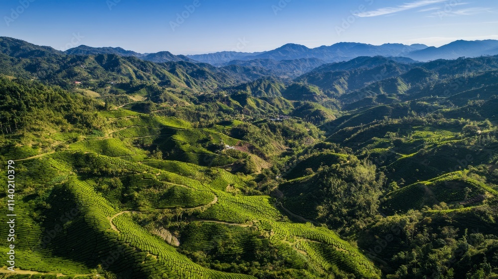 Obraz premium 84.Drone perspective over Cha Gorreana tea fields, capturing the uniform yet undulating rows of tea plants that cascade down the hills; the rich green tones of the plantation against the earthy