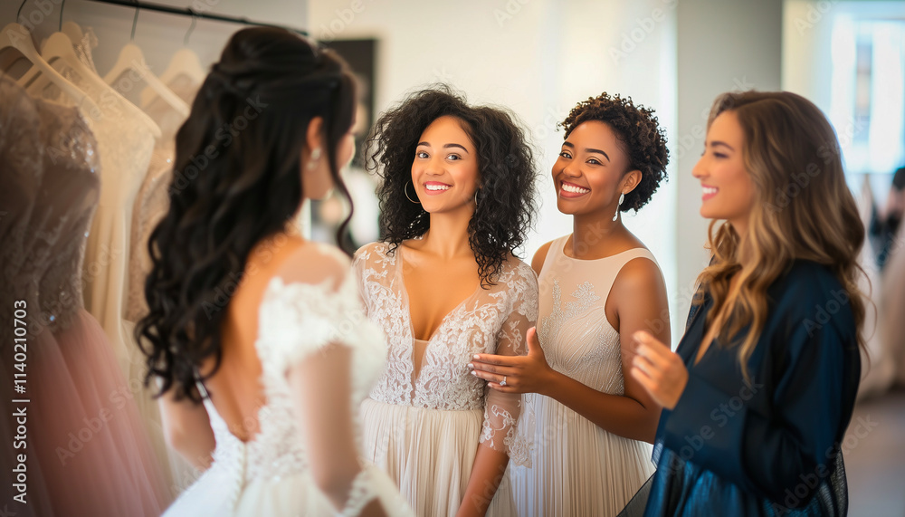 Bride, friends and women in wedding dress, shop or boutique with smile, happy and bride. Dress, shopping and diverse group with preparation, marriage or fashion for event, engagement Bride, friends and women in wedding dress, shop or boutique with smile, happy and bride. Dress, shopping and diverse group with preparation, marriage or fashion for event, engagement