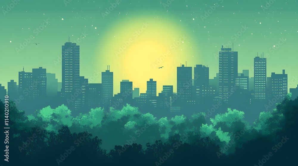 Green city with sustainable energy, a flat vector illustration on a green background. Green city with sustainable energy, a flat vector illustration on a green background.