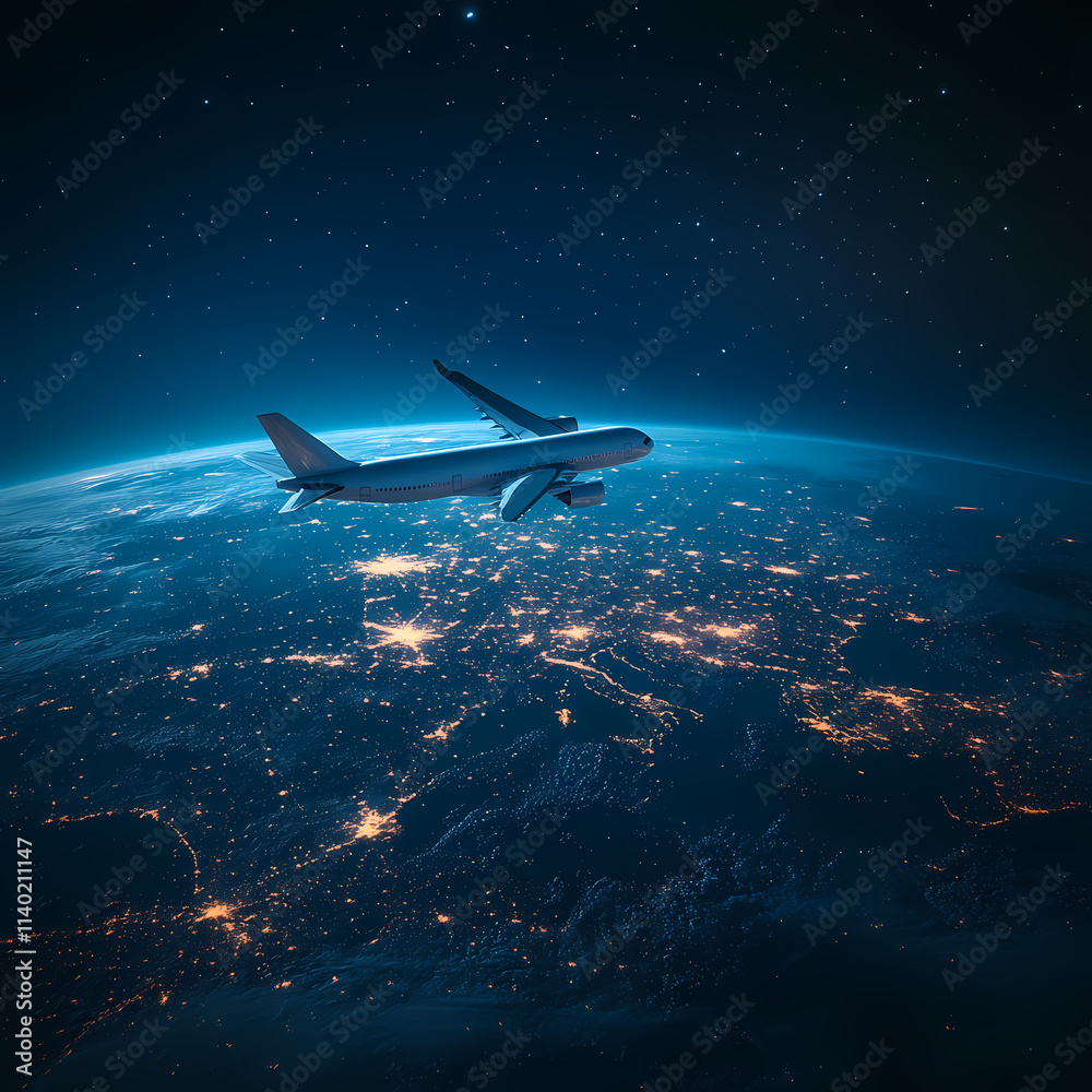 In the sky, an airplane is flying over the earth. In the sky, an airplane is flying over the earth.