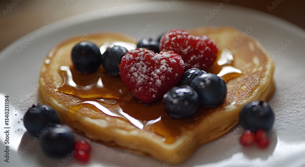 A plate of heart shaped pancakes decorated with honey and fresh berries. An idea for expressing love through food on Valentine's Day. Creating a romantic atmosphere to celebrate Valentine's Day.
