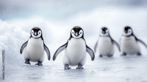 Four baby emperor penguins waddling on snowy ice in formation. Playful group behavior showing social dynamics in Antarctic winter landscape with snowfall and misty background. 8k