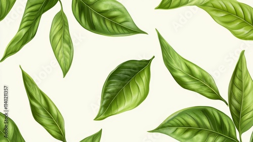 74.Delicate seamless pattern of tea leaves in a repeating vector design; vibrant green leaves with detailed veins and shading effects, creating a realistic yet stylized look that flows naturally photo