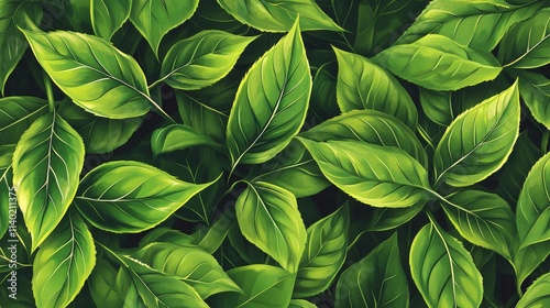 74.Delicate seamless pattern of tea leaves in a repeating vector design; vibrant green leaves with detailed veins and shading effects, creating a realistic yet stylized look that flows naturally photo