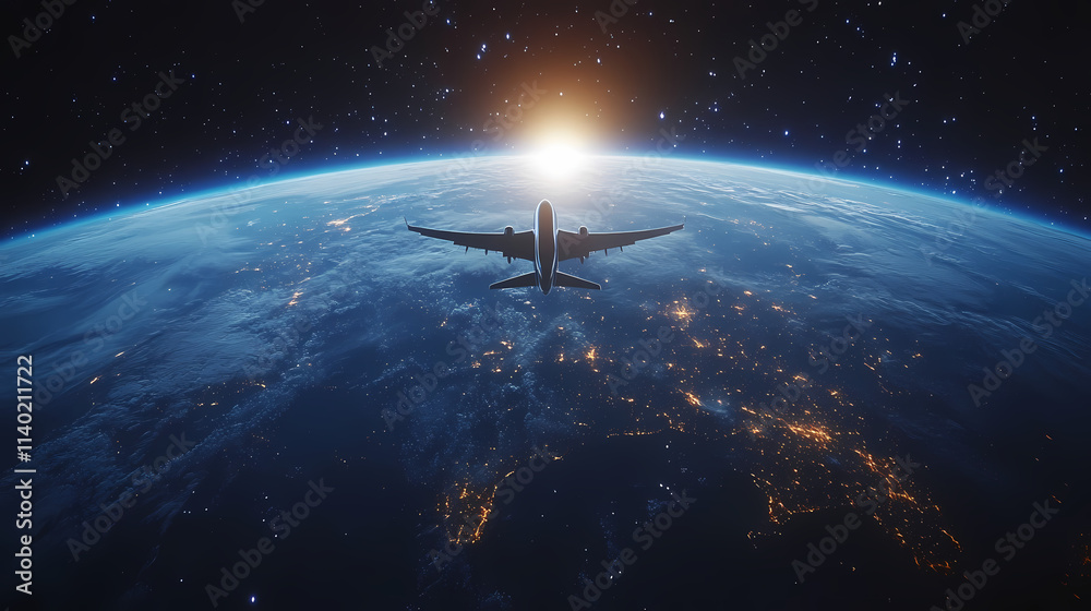 In the sky, an airplane is flying over the earth. In the sky, an airplane is flying over the earth.