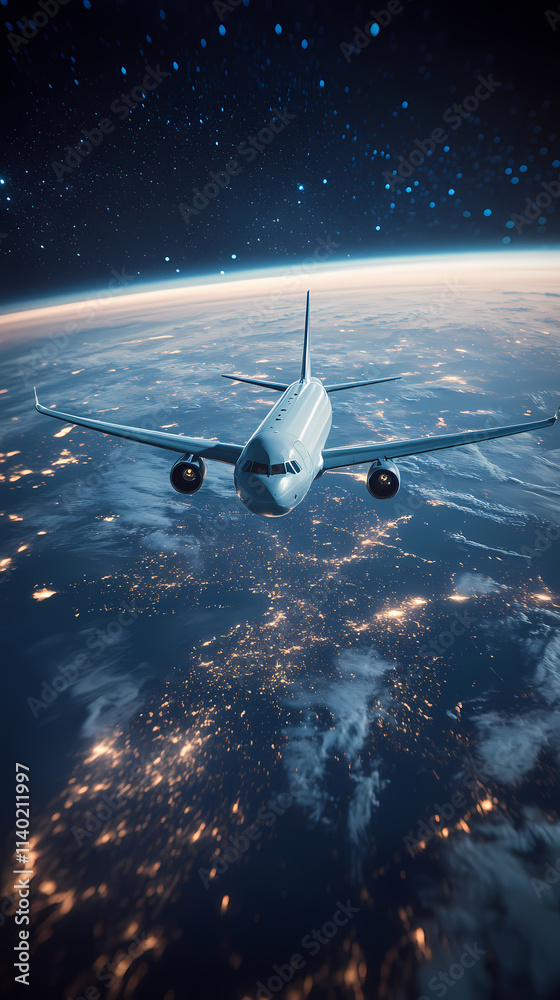 Obraz premium In the sky, an airplane is flying over the earth.