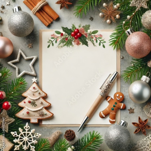 Cute cristmas mockup, with more copy space. Spruce branch, Christmas balls and beautiful decorations. Christmas decor