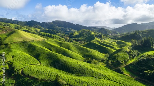 85.Aerial shot of the iconic Cha Gorreana tea plantation, showcasing terraced rows of bright green tea plants; the gentle curves of each row follow the natural slope of the hills, creating an