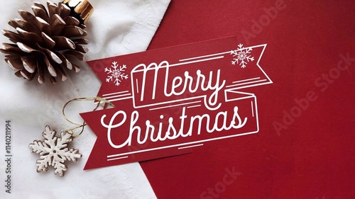 Christmas greeting card design with holiday decoration on red background; flat lay ornament; Xmas season banner or greeting card