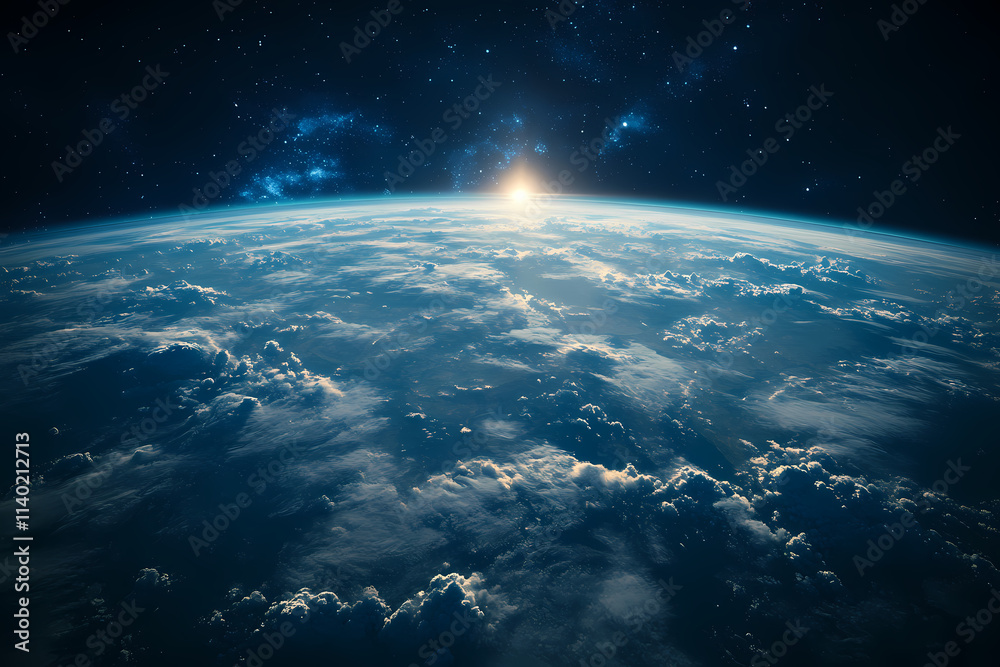 Fototapeta premium In the sky, an airplane is flying over the earth.