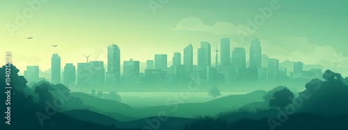Green city with sustainable energy, a flat vector illustration on a green background.