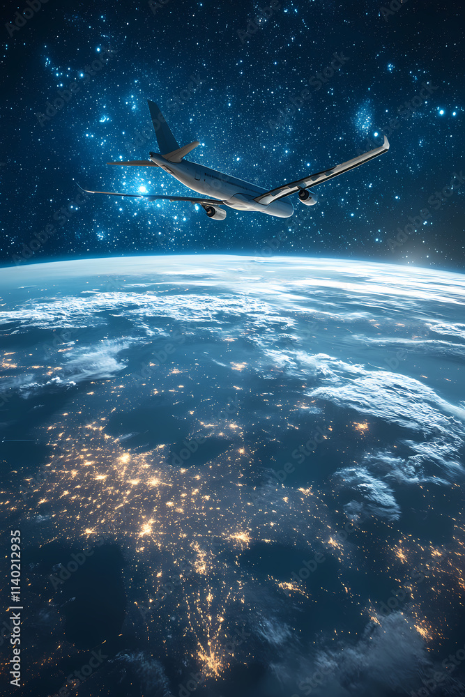 Fototapeta premium In the sky, an airplane is flying over the earth.