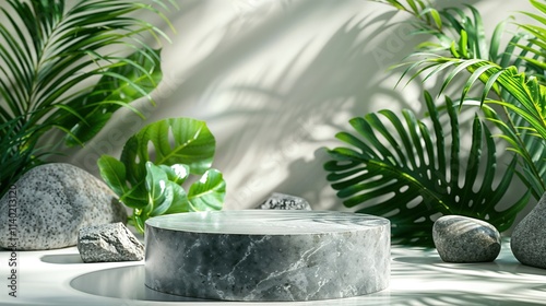 Marble product display podium with tropical palm leaves and decorative rocks. Natural sunlight casting leaf shadows. Minimalist zen aesthetic for luxury presentation. 8k mockup backdrop