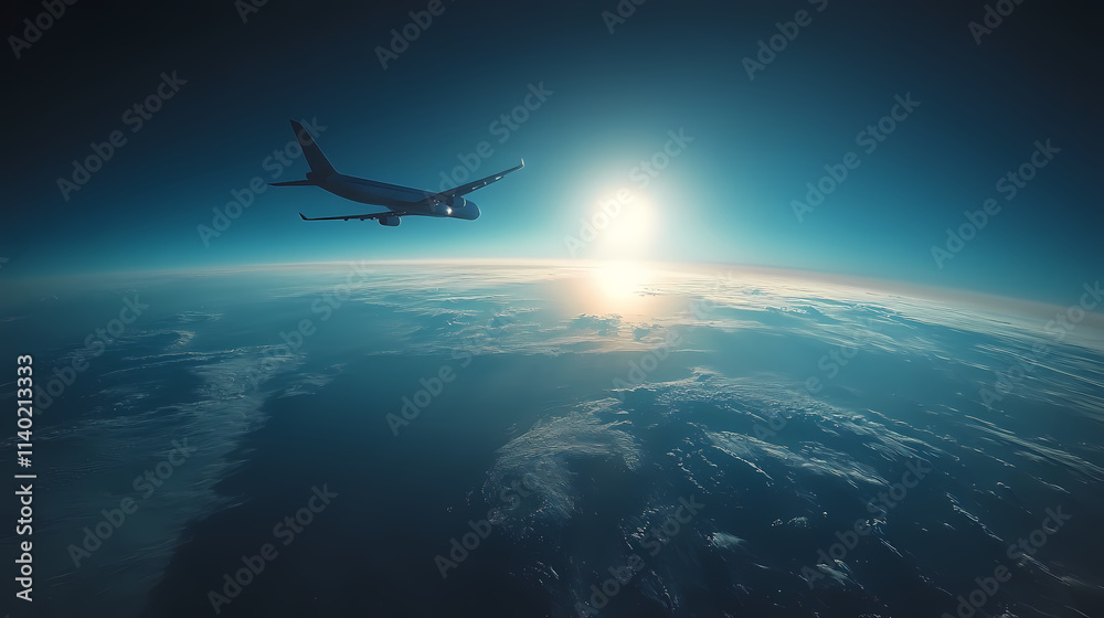 Naklejka premium In the sky, an airplane is flying over the earth.